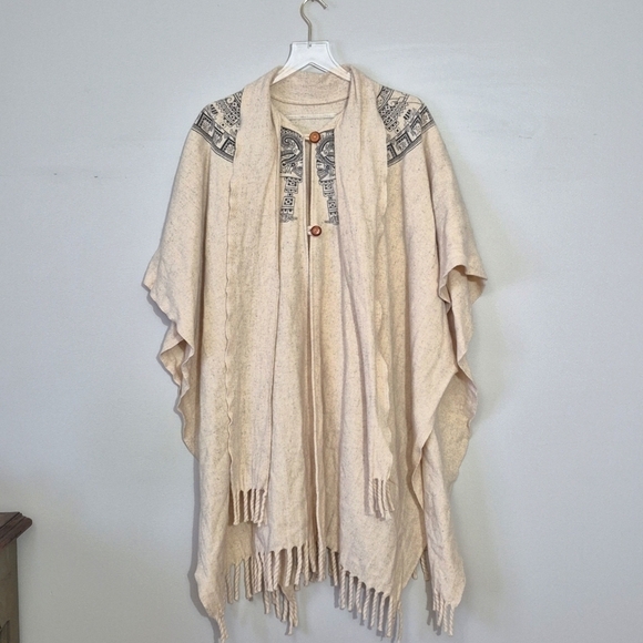 Vintage Sweaters - Vintage Cream Aztec Print Wool Fringe Poncho Cape One Size Festival Boho Western